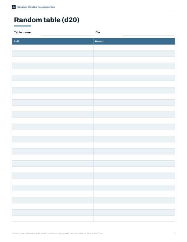 Preview of Printable Dungeon Random Table